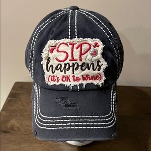 Ball Cap. "Sip Happens, It's Ok to Wine". Embroidered. Blue distressed